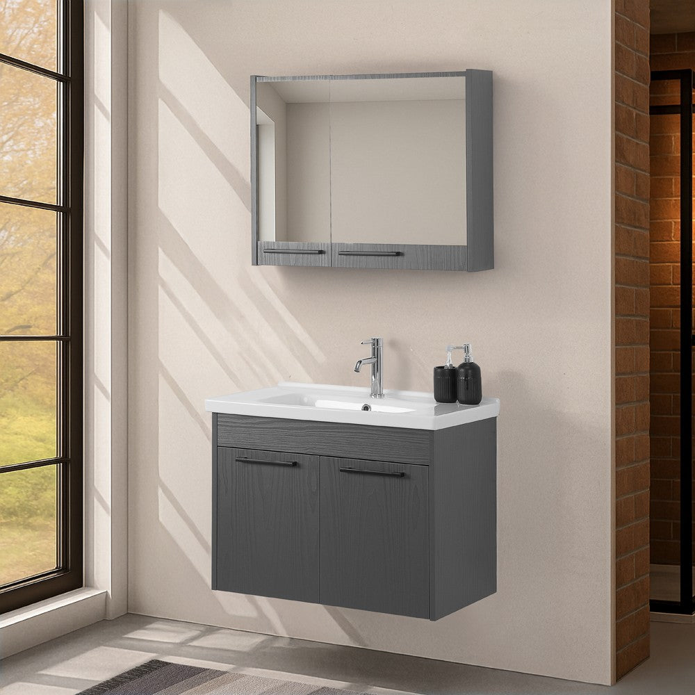 Mobile bagno sospeso 80 cm grigio effetto legno con armadietto a specchio Sofia