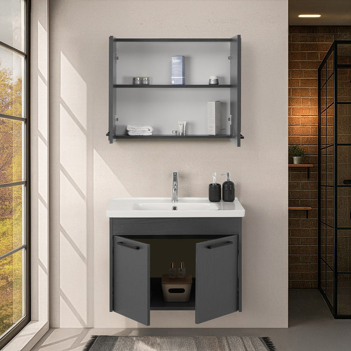 Mobile bagno sospeso 80 cm grigio effetto legno con armadietto a specchio Sofia