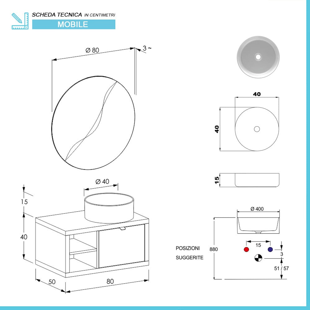 Mobile bagno sospeso 80 cm grigio nuvola Master lavabo 40 e specchio 80
