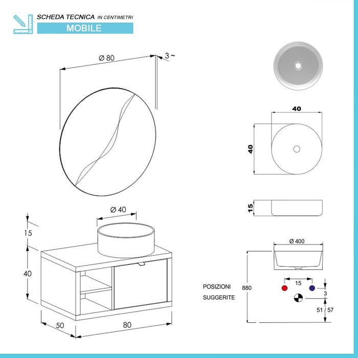 Mobile bagno sospeso 80 cm grigio nuvola Master lavabo 40 e specchio 80