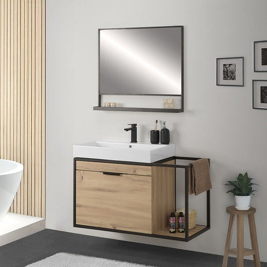 Mobile bagno sospeso 80 cm in legno e metallo nero con specchio Zante