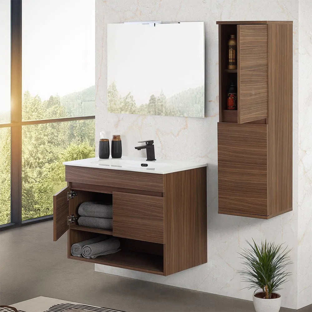 Mobile bagno sospeso 80 cm noce canaletto con ante e vano a giorno Kleo