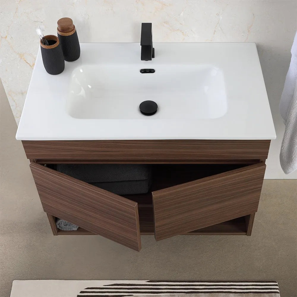 Mobile bagno sospeso 80 cm noce canaletto con ante e vano a giorno Kleo