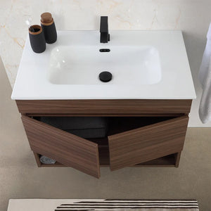 Mobile bagno sospeso 80 cm noce canaletto con ante e vano a giorno Kleo