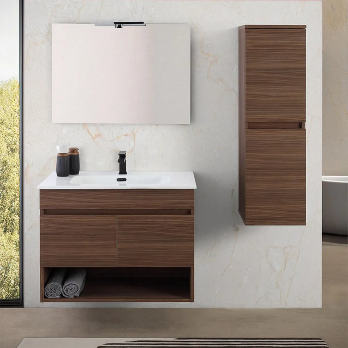 Mobile bagno sospeso 80 cm noce canaletto con ante e vano a giorno Kleo