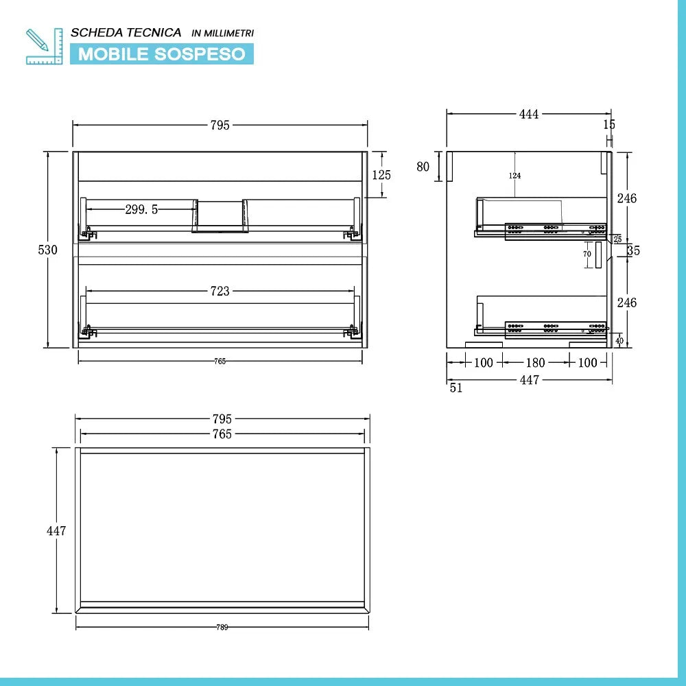 Mobile bagno sospeso 80 cm noce gold con lavabo e specchio Dafne