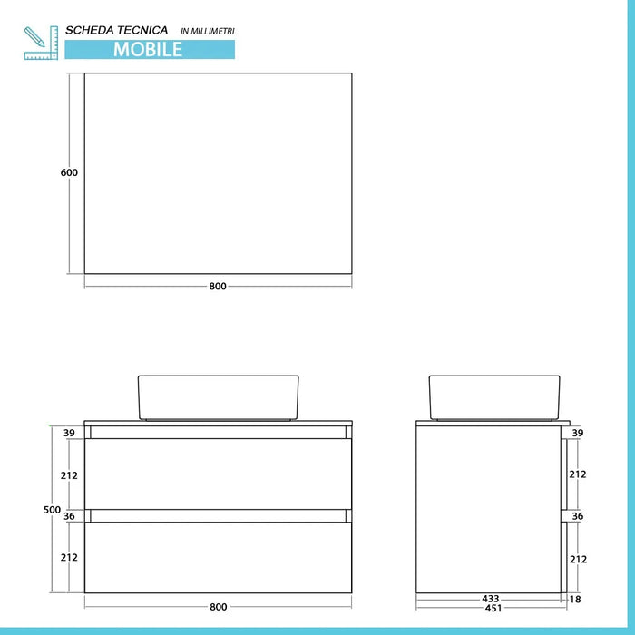 Mobile bagno sospeso 80 cm ossido e noce con top lavabo e specchio Kleo