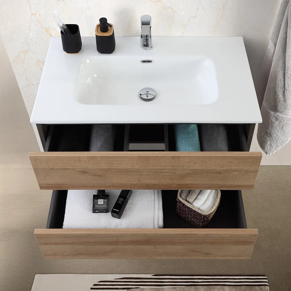 Mobile bagno sospeso 80 cm ossido e rovere con cassetti soft-close Kleo