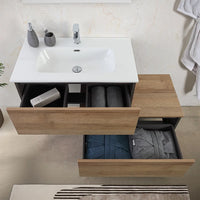 Mobile bagno sospeso 80 cm ossido e rovere con cassetto sfalsato Kleo