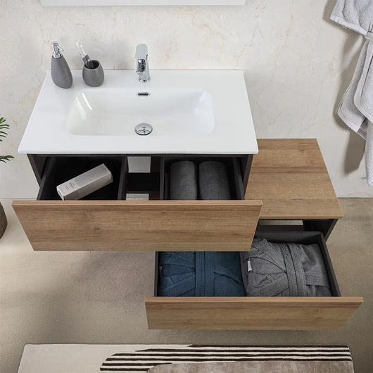 Mobile bagno sospeso 80 cm ossido e rovere con cassetto sfalsato Kleo