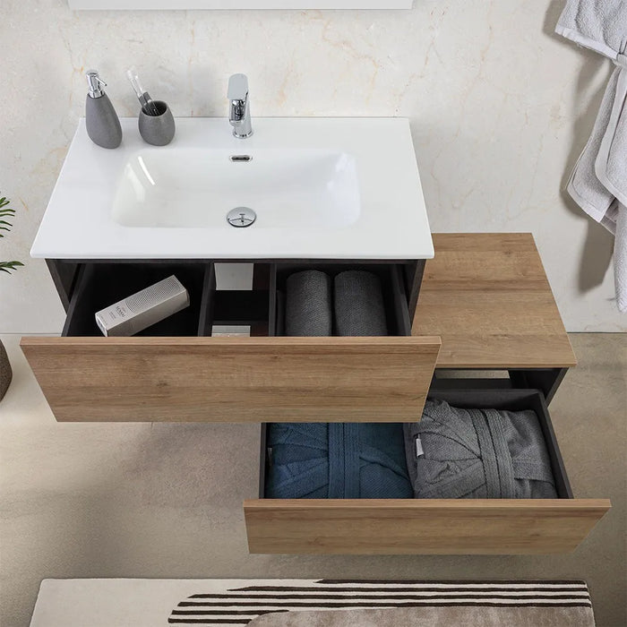 Mobile bagno sospeso 80 cm ossido e rovere con cassetto sfalsato Kleo