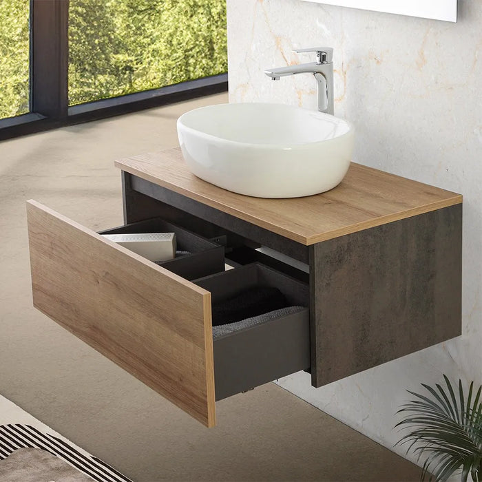 Mobile bagno sospeso 80 cm ossido e rovere con lavabo e specchio Kleo