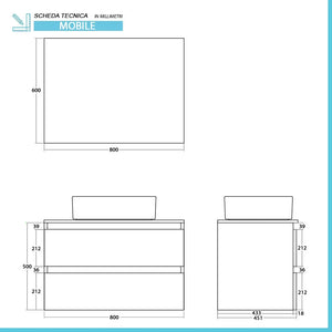 Mobile bagno sospeso 80 cm ossido e rovere con top lavabo e specchio Kleo