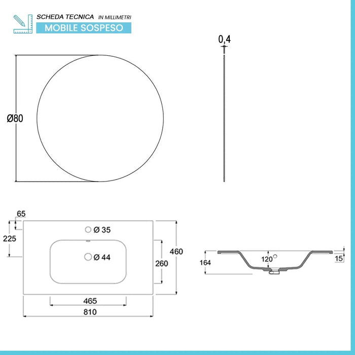 Mobile bagno sospeso 80 cm rosso satinato con specchio e lavabo Gaya