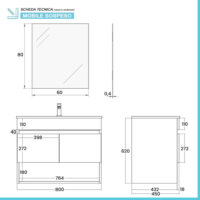 Mobile bagno sospeso 80 cm rovere africa con ante e vano a giorno Kleo