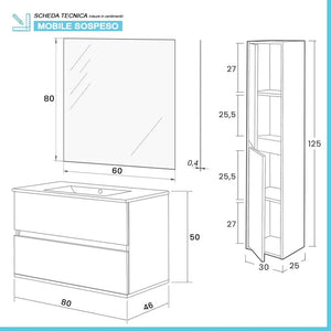 Mobile bagno sospeso 80 cm rovere naturale con pensile H 125 cm Nadia