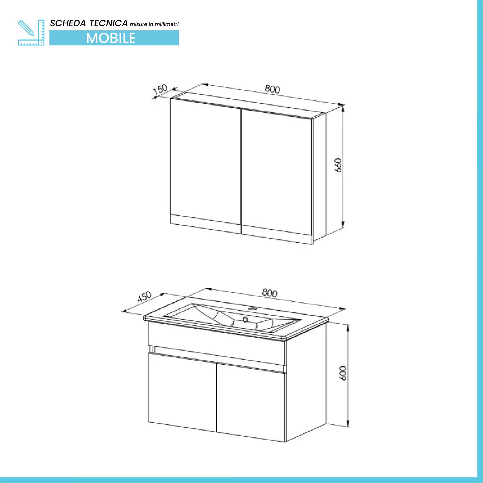 Mobile bagno sospeso 80 cm rovere scuro con specchio contenitore  Mona