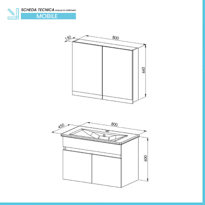 Mobile bagno sospeso 80 cm rovere scuro con specchio contenitore  Mona