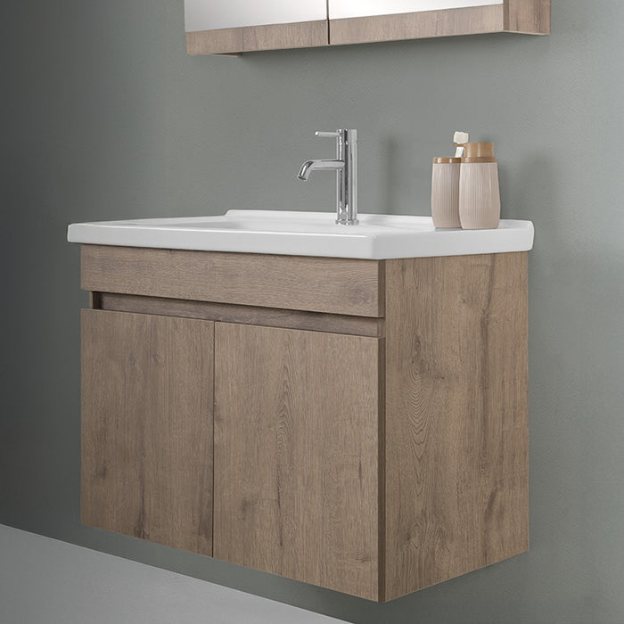 Mobile bagno sospeso 80 cm rovere scuro con specchio contenitore  Mona