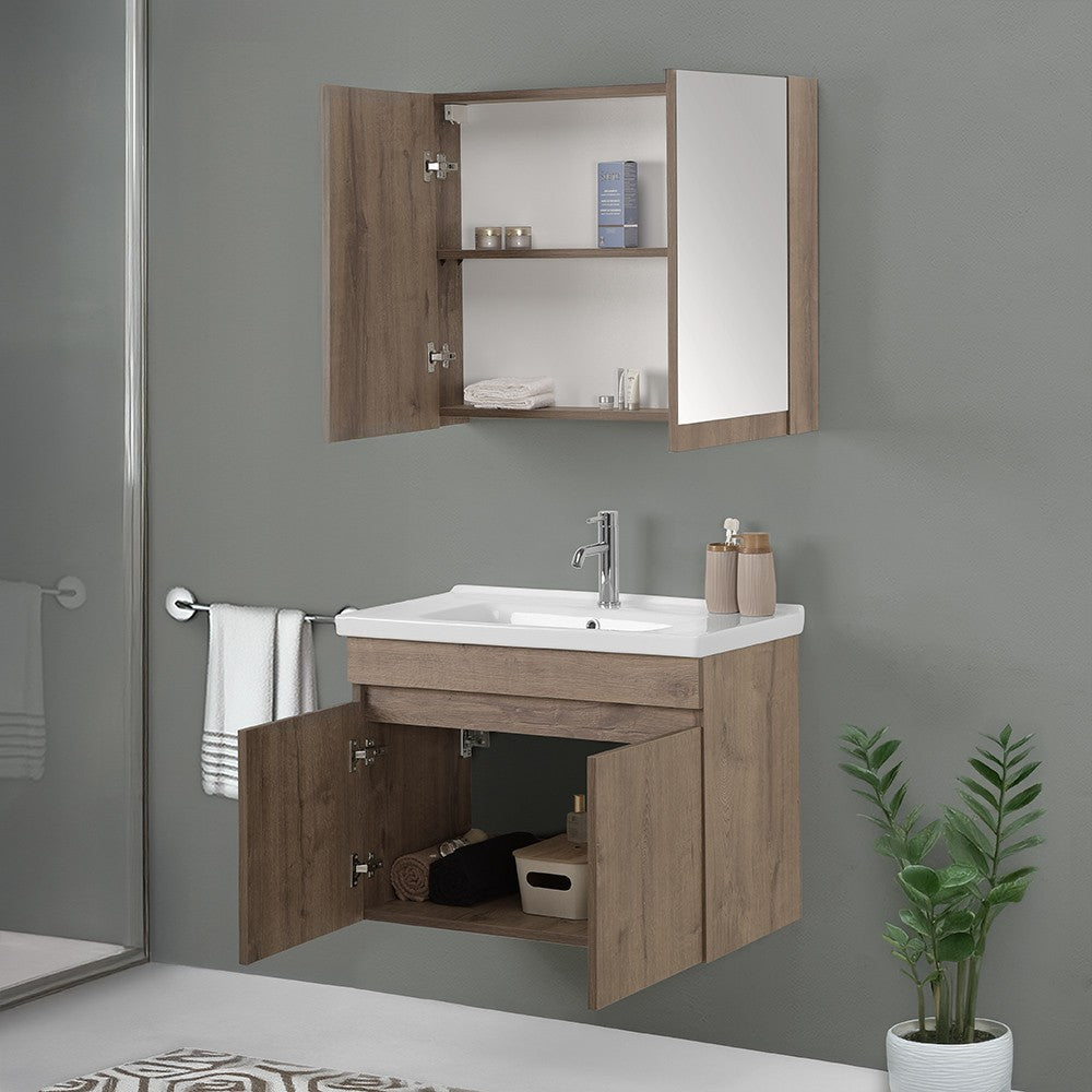 Mobile bagno sospeso 80 cm rovere scuro con specchio contenitore  Mona