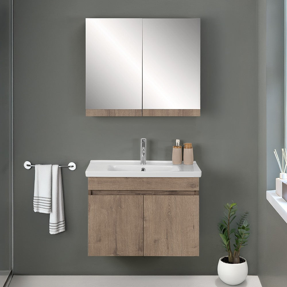Mobile bagno sospeso 80 cm rovere scuro con specchio contenitore  Mona