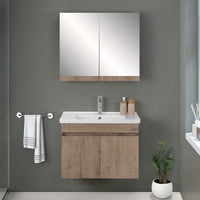 Mobile bagno sospeso 80 cm rovere scuro con specchio contenitore  Mona