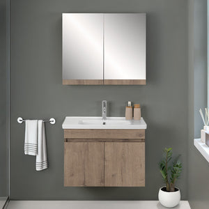Mobile bagno sospeso 80 cm rovere scuro con specchio contenitore  Mona