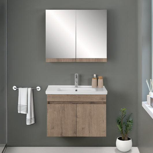 Mobile bagno sospeso 80 cm rovere scuro con specchio contenitore  Mona