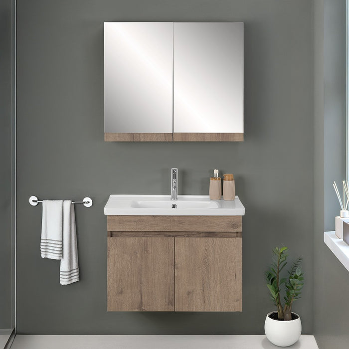 Mobile bagno sospeso 80 cm rovere scuro con specchio contenitore  Mona