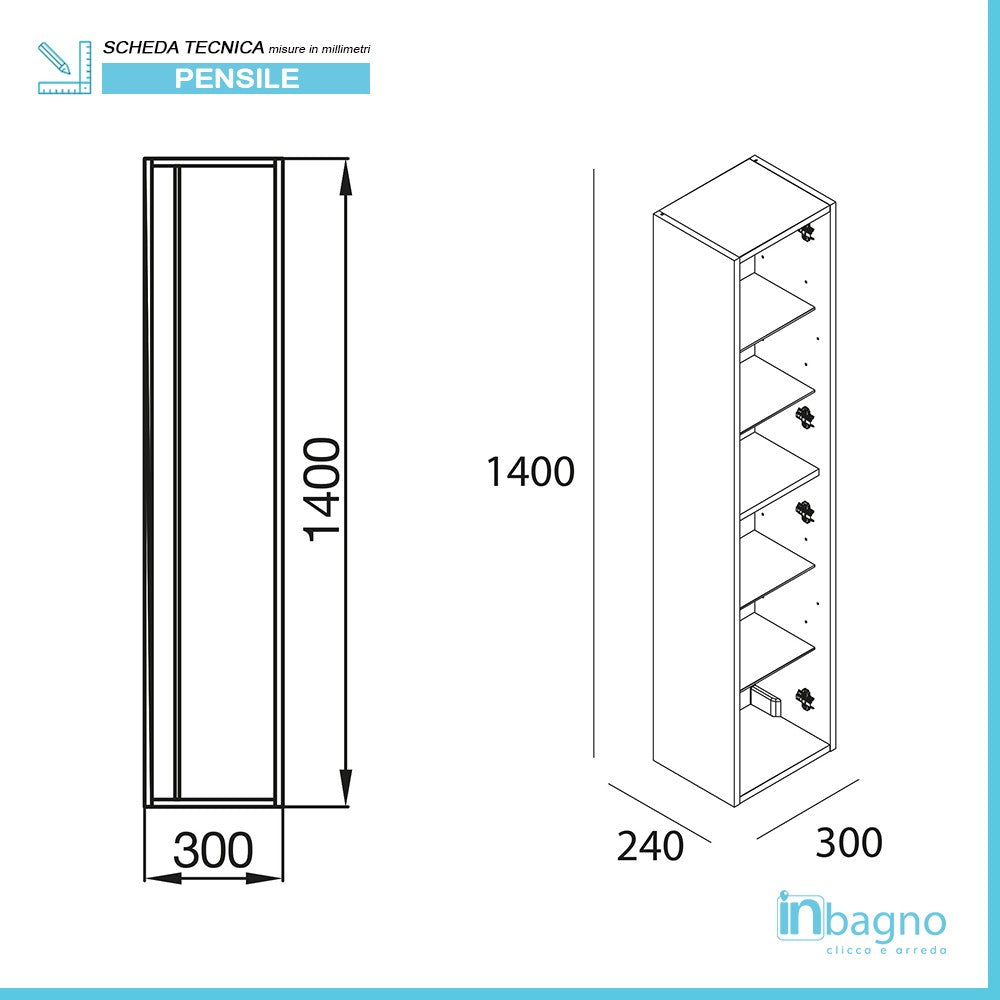 Mobile bagno sospeso 80 cm serie Nilo bianco lucido con colonna sospesa