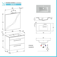 Mobile bagno sospeso 80 cm Smart olmo con lavabo e specchio
