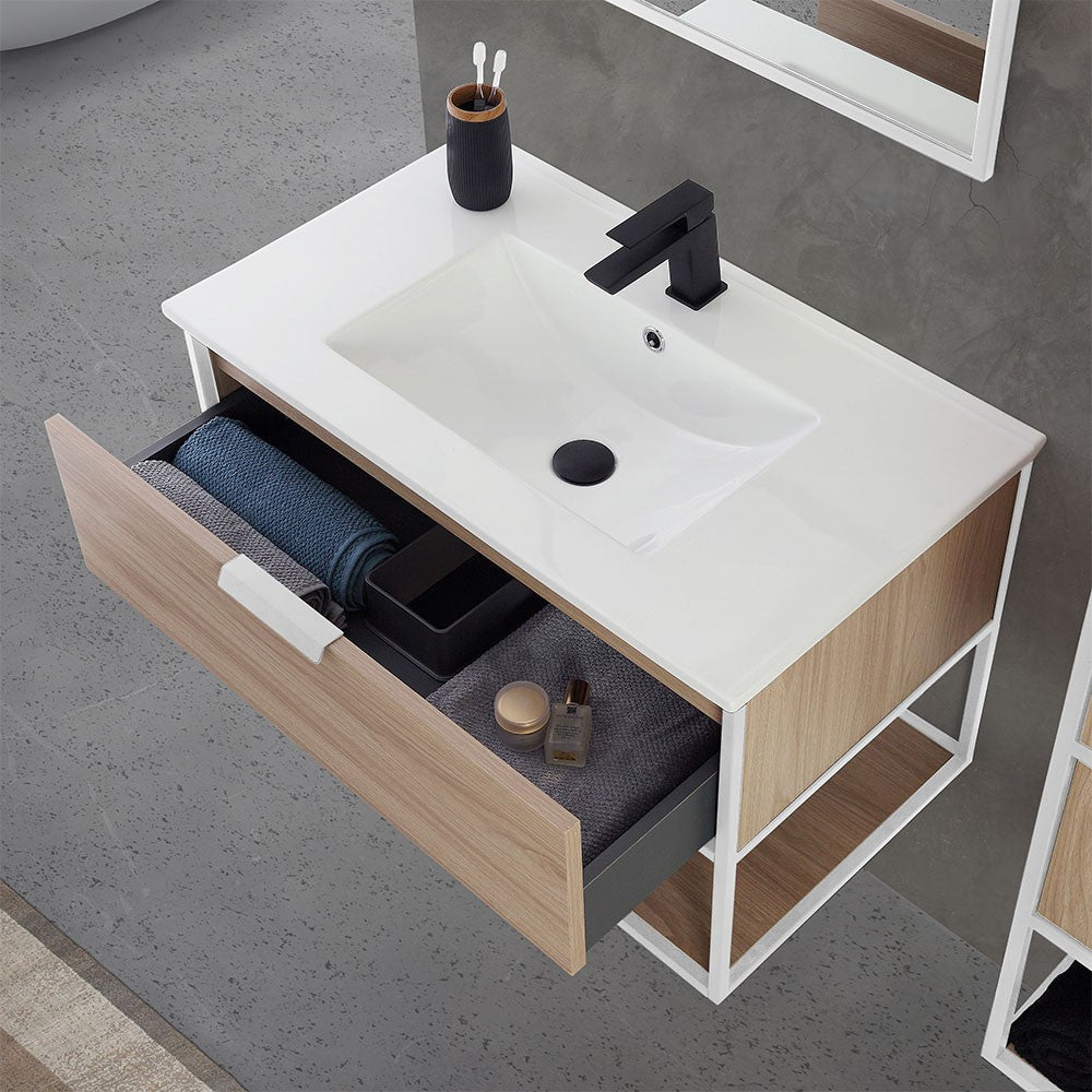 Mobile bagno sospeso 80 cm stile industrial bianco e legno Baketo