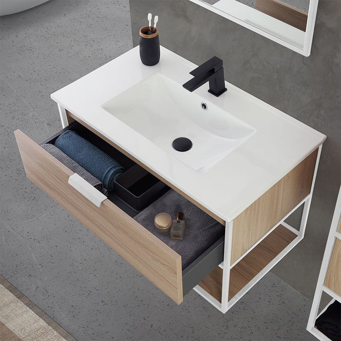 Mobile bagno sospeso 80 cm stile industrial bianco e legno Baketo