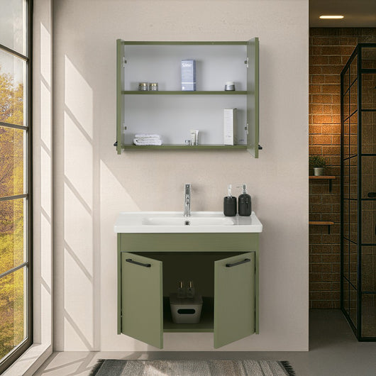 Mobile bagno sospeso 80 cm verde effetto legno con armadietto a specchio Sofia