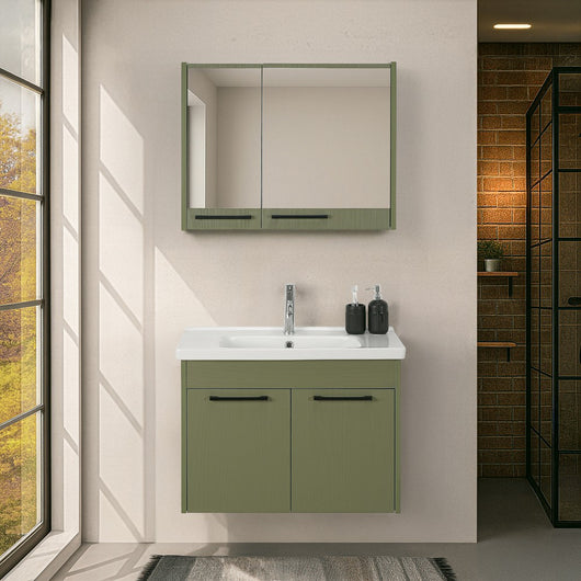 Mobile bagno sospeso 80 cm verde effetto legno con armadietto a specchio Sofia