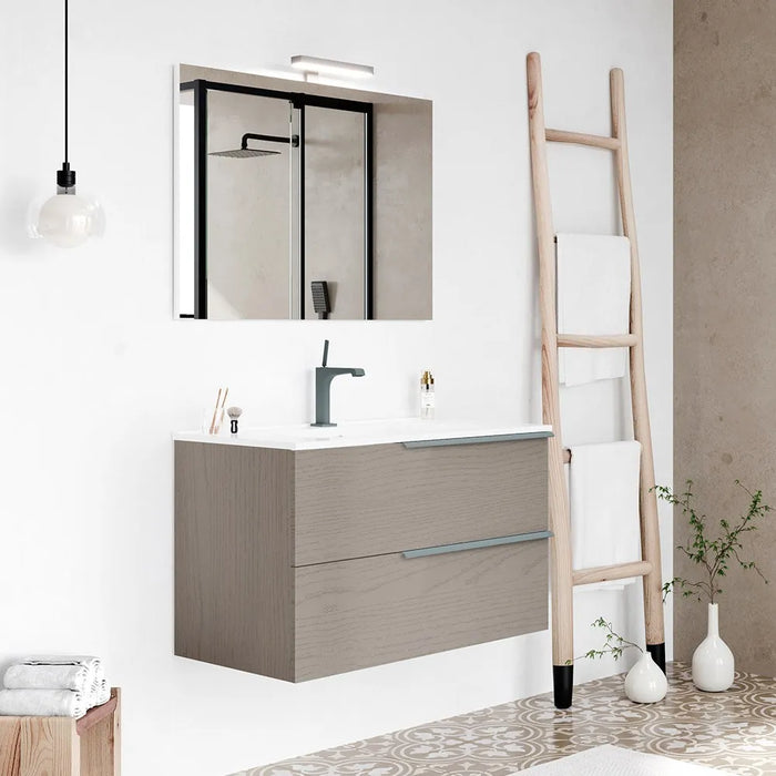 Mobile bagno sospeso 80 fango con lavabo in ceramica e specchio a filo LED  Victoria