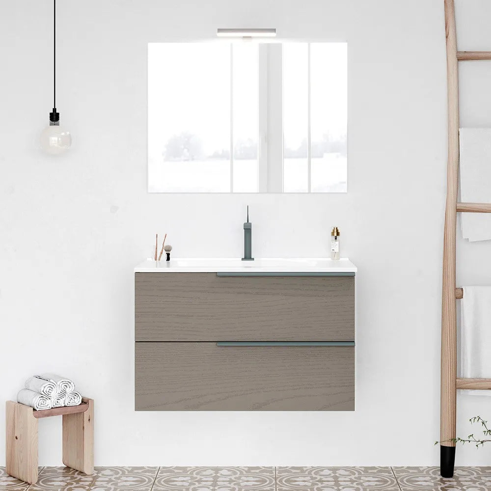 Mobile bagno sospeso 80 fango con lavabo in ceramica e specchio a filo LED  Victoria