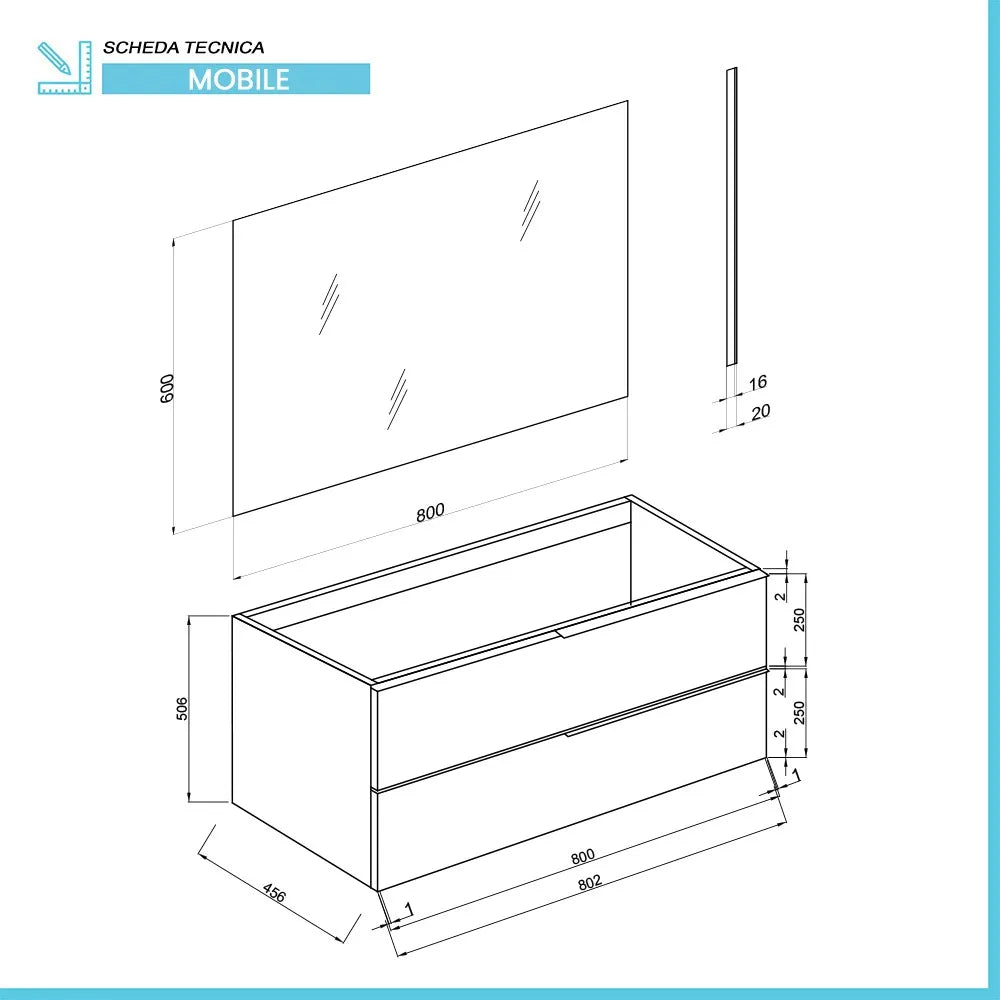 Mobile bagno sospeso 80 fango con lavabo in ceramica e specchio a filo LED  Victoria