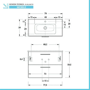 Mobile bagno sospeso 80 rovere africa con lavabo e specchio  Miami