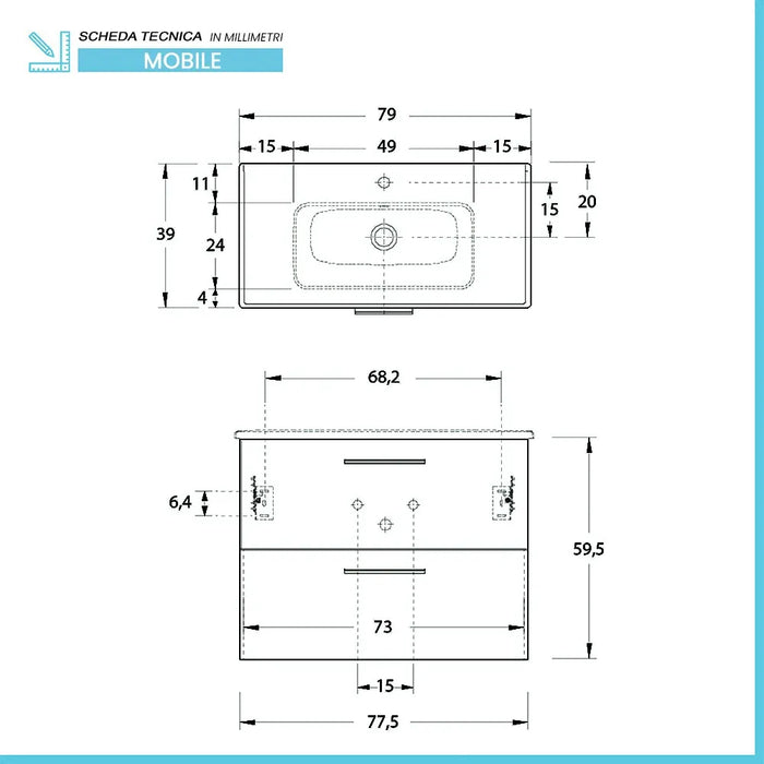 Mobile bagno sospeso 80 rovere africa con lavabo e specchio  Miami
