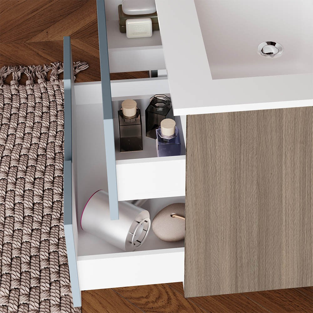 Mobile bagno sospeso 80 rovere fumo e blu pastello con lavabo e specchio  Iris