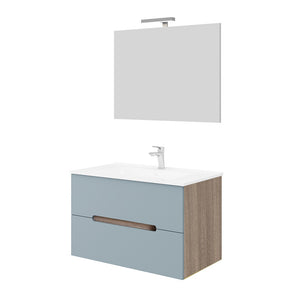 Mobile bagno sospeso 80 rovere fumo e blu pastello con lavabo e specchio  Iris