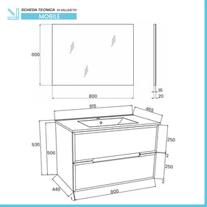 Mobile bagno sospeso 80 rovere fumo e blu pastello con lavabo e specchio  Iris