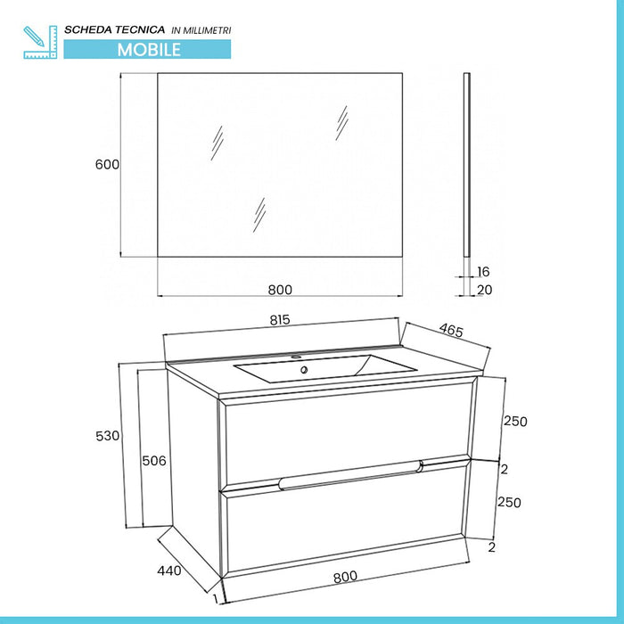 Mobile bagno sospeso 80 rovere fumo e blu pastello con lavabo e specchio  Iris