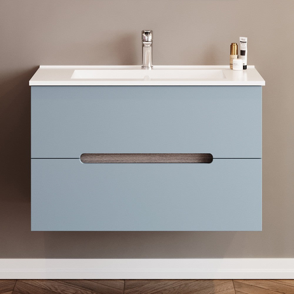 Mobile bagno sospeso 80 rovere fumo e blu pastello con lavabo e specchio  Iris
