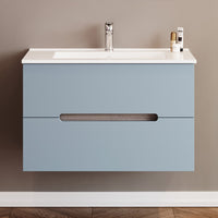 Mobile bagno sospeso 80 rovere fumo e blu pastello con lavabo e specchio  Iris