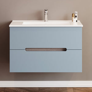 Mobile bagno sospeso 80 rovere fumo e blu pastello con lavabo e specchio  Iris