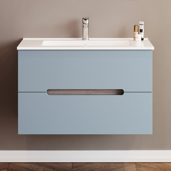 Mobile bagno sospeso 80 rovere fumo e blu pastello con lavabo e specchio  Iris