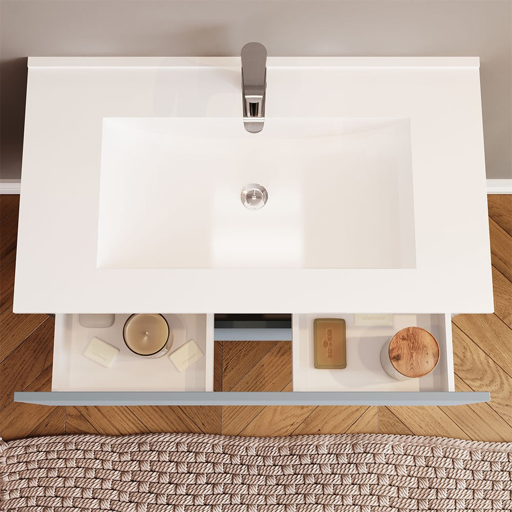 Mobile bagno sospeso 80 rovere fumo e blu pastello con lavabo e specchio  Iris