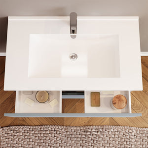 Mobile bagno sospeso 80 rovere fumo e blu pastello con lavabo e specchio  Iris